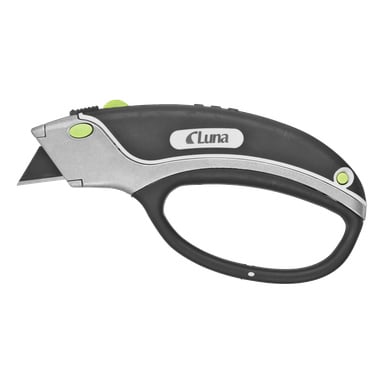 En svart och silverfärgad hobbykniv med grönt säkerhetslås, stort fingerhål, synligt blad och Luna-märkning på sidan.