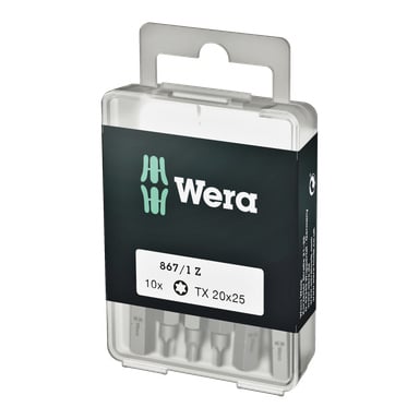 Ett genomskinligt plastfodral rymmer tio Wera TX 20x25 skruvmejselbitar, märkta "867/1 Z" och "10x TX 20x25" med Wera-loggan ovanför.