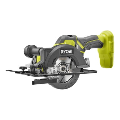 Ryobi sladdlösa cirkelsåg med svart och grönt handtag, synligt metallblad och justerbar bottenplatta för skärmaterial.