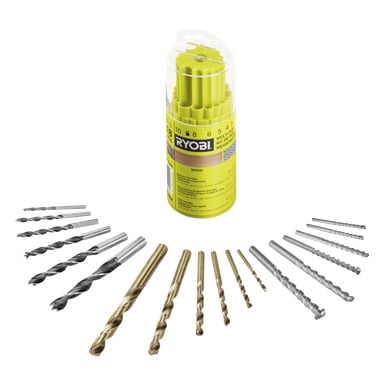 Ett Ryobi-borrset med 17 borrbitar arrangerade i en halvcirkel runt ett gult hölje med genomskinligt lock, som visar logotyp och etiketter.