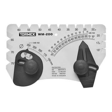 Ett metallverktyg från Tormek WM-200 med två svarta rattar, som visar vinkel- och millimetermarkeringar för att justera bladets slipvinklar.