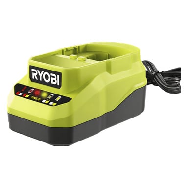 Ryobi ONE+ gul och svart batteriladdare med indikatorlampor och en ansluten strömkabel, gjord för sladdlösa verktygsbatterier.