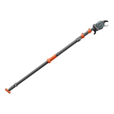 Ett utdragbart beskärningsverktyg med ett grått teleskopiskt handtag, orange grepp och en svart- och silverskärare upptill.