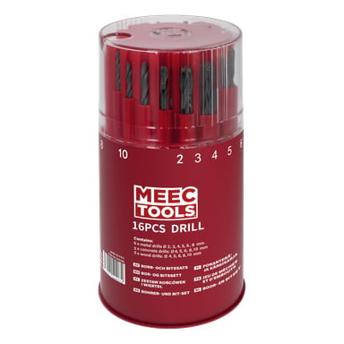 En röd cylindrisk MEEC TOOLS 16PCS BORRBEHÅLLARE rymmer 16 svarta borrbitar i olika storlekar, uppställda upprätt under ett genomskinligt lock.