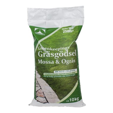 En 10 kg Tergent Greenkeeping Gräsgödsel gräsmattegödselpåse för mossa och ogräs täcker 250 m² med grön och vit förpackning.