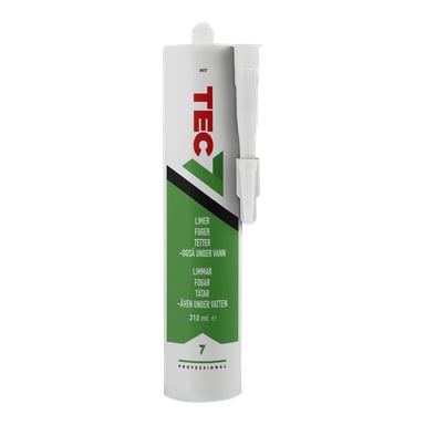 Ett vitt rör TEC7-tätning med grön och röd etikett, ett fäst munstycke, 310 ml volym och märkt som professionellt.