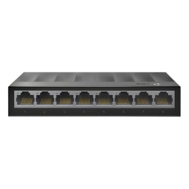 En svart TP-Link-svitsj med åtte nummererte Ethernet-porter, hver toppet med et grønt statuslys.