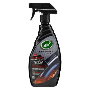 En svart sprayflaska med Hybrid Solutions Graphene Acrylic Tyre Shine Spray Coating med branding och en blank däcknärbild på etiketten.