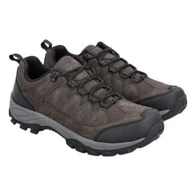 Para ciemnobrązowych i czarnych butów trekkingowych z grubymi, wytrzymałymi podeszwami, czarnymi sznurowadłami, wzmocnionymi nakapkami na palcach i zaczepkami na piętę.