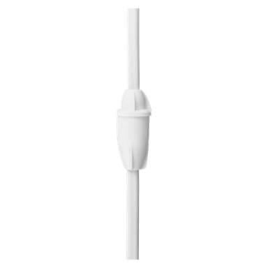 Närbild på den vita Markslöjd Cable Winder Twister (2-pack), visad vertikalt med en plastströmbrytare i rad på sladden.