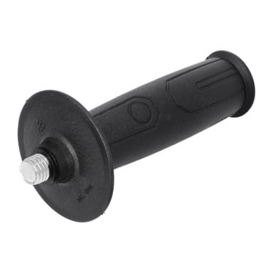 Ett stödhandtag för en vinkelslip med svart cylindriskt plastgrepp, platt fläns vid basen och gängad metallstångsände.