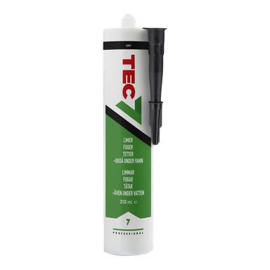Ett vitt 310 ml tub TEC 7 Professional lim med en grön och svart etikett och ett svart sidomunstycke. Instruktionerna står på etiketten.