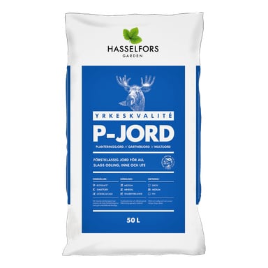 En 50-liters Hasselfors Garden P-Jord planteringsjordpåse med vitt paket, blå etikett, älgillustration och produktdetaljer.