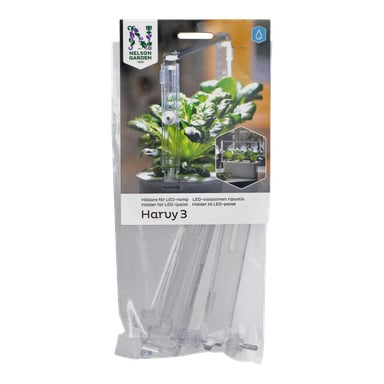 Nelson Garden Harvy 3-paket med transparent LED-panelhållare för inkrukväxter, avbildad med bladgrönsaker under LED-belysning.