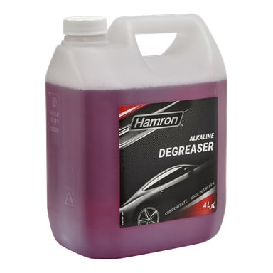 En 4-liters Hamron Alkaline Degreaser plastbehållare fylld med lila vätska; etiketten visar en bil och lyder "Concentrate, Made in Sweden."