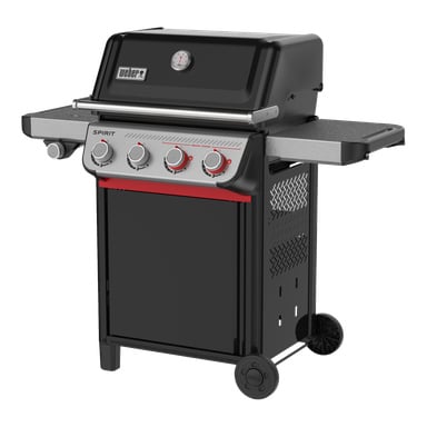 Czarno-srebrny grill gazowy Weber Spirit z czterema pokrętłami, zamkniętą pokrywą z termometrem, półkami bocznymi oraz dwoma kółkami ułatwiającymi ruch.