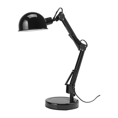 En svart Anslut LED-bordslampa med cirkulär bas, justerbar arm och kupolformad skärm. Lampan är släckt och dess strömkabel syns hängande från basen.