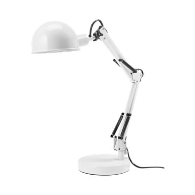 Anslut bordslampa LED är en vit skrivbordslampa med justerbar arm, rund sockel och kupolformad skärm. Den är inkopplad, med sladden som följer från basen.