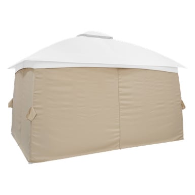 Set med fyra beige solida tygpaviljongväggar med stängda frontflikar, sidohandtag, passar tält med vita ventilerade tak.