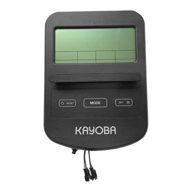 En svart KAYOBA motionscykeldisplay med en stor digital skärm, tre knappar (RESET, MODE, SET) och två kablar längst ner.