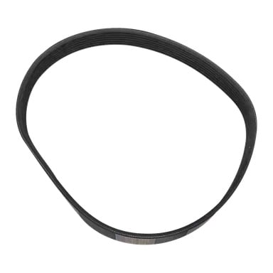 En svart löpbandsrem med ribbad yta är placerad platt i en ojämn oval form.