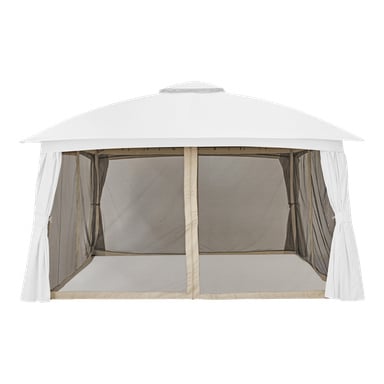 Myggnätpaneler i nät för paviljongtält, med dragkedjedörrar och gardiner som kan knytas upp, accentuerade av beige lister runt kanterna.