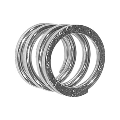Närbild av en blank metallspiral för ett spjäderlöpband, cylindriskt med fyra spolar, öppet i ena änden och slitsat längs med.