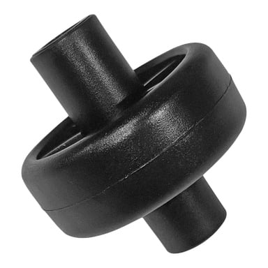 Ett svart plastcylindriskt hjullöpband med ett centralt upphöjt band och två ihåliga sidoförlängningar, liknande en adapter.