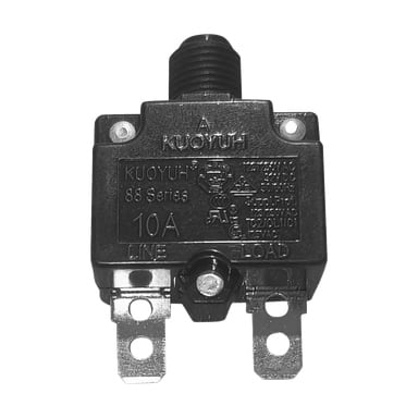 Ett svart KUOYUH 88 Series 10A överbelastningsskydd för löpband med LINE- och LOAD-metallterminaler och teknisk information tryckt på.