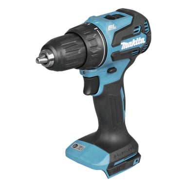 En blå och svart Makita sladdlös borr med borstlös motor och ergonomiskt handtag, synlig utan batteri vid basen.