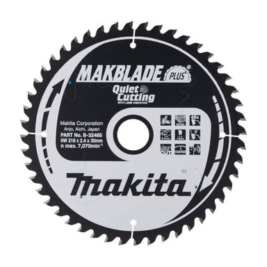 Makita cirkelsågsblad, MAKBLADE PLUS, 216 mm, 30 mm borrning, 48 tänder, max 7 700 varv per minut. Svart/silver med logotyper och ikoner.