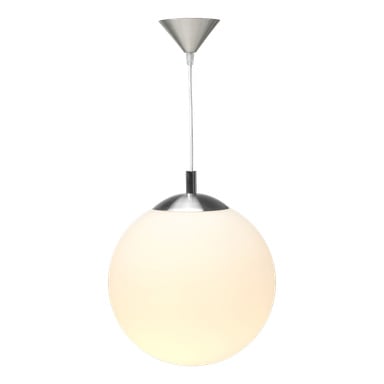 En Anslut-takarmatur med en sfärisk glaspendellampa med metalllock och konisk takmontering.