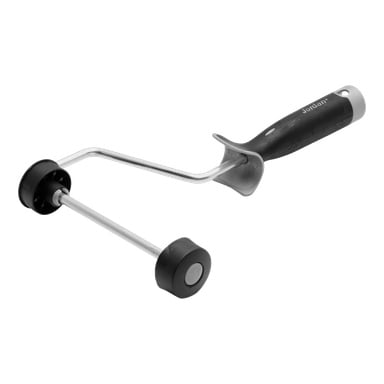 Et håndholdt rulleverktøy med svart ergonomisk håndtak og to svarte ruller på en metallstang, brukt til glatting eller pressing.