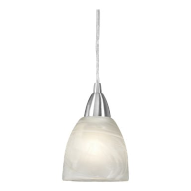 En Markslöjd Window Lamp Line med borstat metallfäste och frostat glasskärm hänger från en klar sladd och ger ett mjukt, jämnt diffust ljus när den är påslagen.