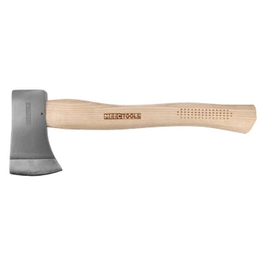 Metallaxtkopf, der an einem blassen Holzstiel mit MEECTOOLS graviert ist; Die Griffpunkte sind nahe dem Griffende strukturiert.