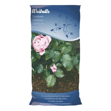 Påse Weibulls barktäck med rosa ros och gröna blad på mörk täckbark, blå blommönster på toppen och text på förpackningen.