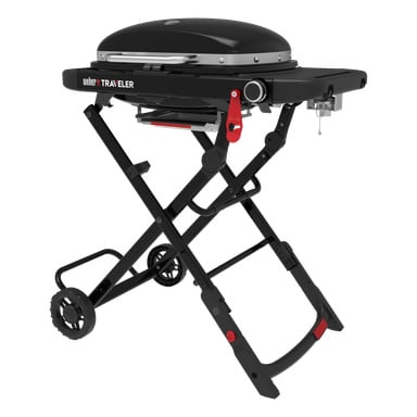 przenośny grill gazowy Weber Traveler z składanym stojakiem, kółkami, stolikiem bocznym i zatrzaskiem pokrywy do gotowania na zewnątrz.