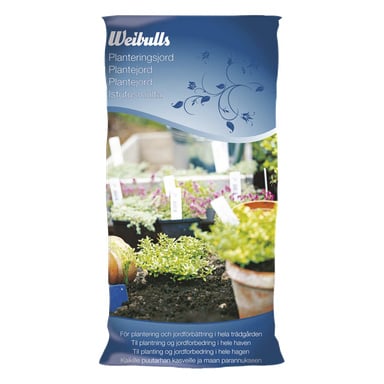 En påse med Weibulls planteringsjord med bilder av gröna plantor och växtbrickor. Förpackningen listar planteringsjorddetaljer på flera språk.