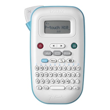 Brother P-touch N10 etikettmaker med kompakt skjerm, flere knapper, QWERTY-tastatur og hvit-blå fargeskjema.