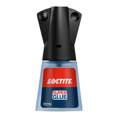 Loctite superlimflaska med svart lock, med en blå och röd etikett som visar märke, produkttyp och nummer 2721733.