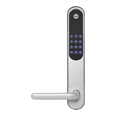 Ett silverfärgat elektroniskt dörrlås med handtag, en svart pekskärmsknappsats med lysande siffror, och Yale-logotypen högst upp.