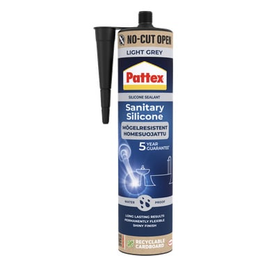 Ljusgrå Pattex sanitär silikonförseglingstub med munstycke visar mögeltålighet, 5 års garanti, är vattentät och återvinningsbar design.