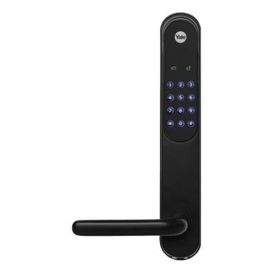 Slankt svart elektroniskt dörrlås med handtag, upplyst numeriskt knappsats, kortikon och Yale-logga upptill.