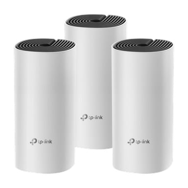 En rad med tre vita cylindriska TP-Link-enheter med svarta ventilerade toppar, var och en med TP-Link-logotypen på framsidan.