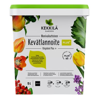 5-litrainen suorakaiteen muotoinen Kekkilä Garden Kevätlannoite Plus+ -lannoiteastia, jossa on vihreä kansi ja värikkäät kasvikuvitukset.