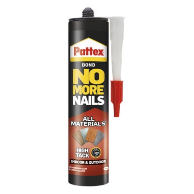 Pattex No More Nails limtub med rött och vitt munstycke, lämplig för alla material, inomhus/utomhusanvändning, hög häftighet.