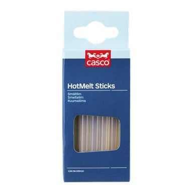 En blå låda märkt casco HotMelt Sticks, med ett fönster som avslöjar limstiften. På förpackningen står det 12 pinnar, 8x100 mm vardera.