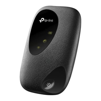 Svart TP-Link mobil Wi-Fi-hotspot med LED-indikatorer för batteri, Wi-Fi och signal, plus en strömknapp i nedre hörnet.