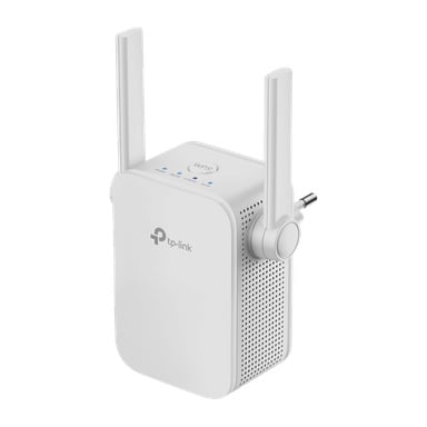 En vit TP-Link Wi-Fi-förlängare med två justerbara antenner, övre indikatorlampor och ett sidoväggsuttag.