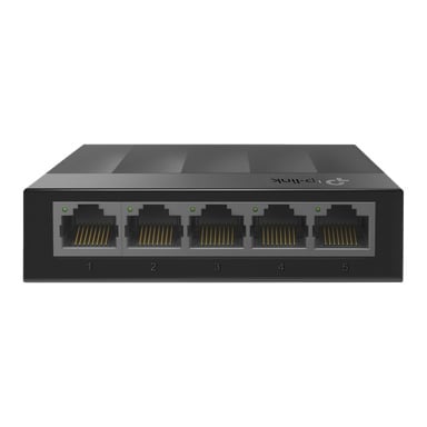 En svart TP-Link-switch med fem märkta Ethernet-portar med guldkontakter och små gröna lampor ovanför varje port.